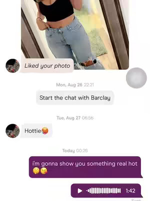 The image shows a phone screen with a text message conversation in a white background. A photo of a person in jeans and a black top is at the top, right of the screen. The conversation has multiple text bubbles with timestamps. Beneath "Today 00:26," one bubble says, "i'm gonna show you something real hot", followed by emojis.  Below this is a voice message icon with a 1:42 duration.