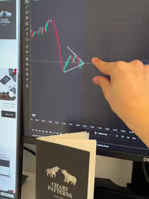 The image shows a person's hand pointing to a chart on a computer monitor. The chart displays a downward trend with a triangle pattern, which seems to be the focus of the analysis. In the foreground, a book titled "Chart Patterns" is visible along with a second monitor showing a shopping cart.