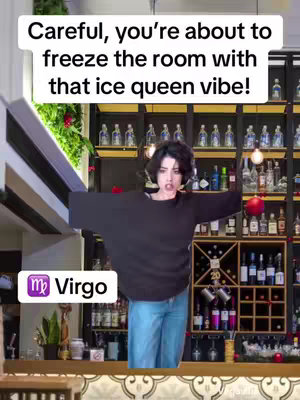 A woman with short, dark hair stands with arms outstretched in front of a bar. Above her is a text overlay, and a logo with the Virgo symbol and the word Virgo are placed on the lower left corner. The background features shelves stocked with bottles and other bar accessories.
