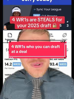 The cover image showcases a man speaking to the camera, with overlaid graphics related to fantasy football. The man is fair-skinned with a short haircut and wearing a button-down shirt and tie. The background includes a screenshot of a fantasy football statistics page, with superimposed text in red boxes that read "4 WR1s are STEALS for your 2025 draft" with a lock icon, and, "4 WR1s who you can draft at a deal."