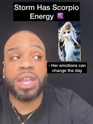The cover image features a man in the foreground partially obscuring a split screen showing an image of Storm from X-Men and text overlays. The man is shown from the chest and upwards with a beard. The man has dark skin, a beard, and is wearing a black shirt with a gold chain. He is looking off to the side as if speaking. The split screen shows a digital image of Storm, a superheroine, with white hair and a white costume. A rectangle above the man contains text indicating the title of the video, while a smaller rectangle below Storm contains a relevant quote.