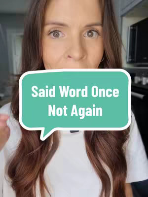 A medium shot features a woman's face, with her eyes and part of her nose visible. A teal speech bubble-shaped graphic obstructs the lower portion of her face and covers her mouth. The text 'Said Word Once Not Again' is displayed inside the graphic in white. The woman has long, wavy brown hair, and she wears a white shirt against a blurred backdrop that suggests an indoor setting, possibly a kitchen or living room. The lighting is soft and diffused.