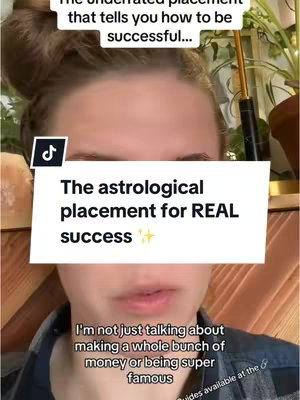 A selfie-style video with text overlays. The creator, a woman with her hair in a bun, is centered. Overlaid text covers a portion of her face, advertising the video's focus on astrology.