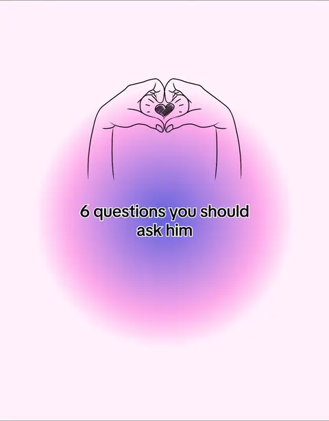 The image features a light pink background with a central illustration. Two hands, outlined in black, are positioned to form a heart shape. Inside the heart, there is a small black heart. Below the hands, text reads, "6 questions you should ask him" in a black, simple font. A gradient of pink and purple creates an aura around the central elements.