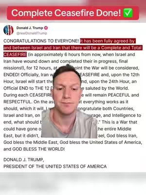 A cover image showing a man in a white t-shirt looking at the screen with a serious expression. Behind him is a screenshot of a Tweet from Donald Trump regarding a ceasefire between Israel and Iran.