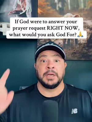The cover image features a man in a black shirt centered, looking directly at the camera with a surprised expression. A text overlay in a white box at the top poses a question about prayer. The man is fair-skinned with a short, dark beard and hair, wearing a black baseball cap. The background shows a blurred image suggesting an outdoor setting.