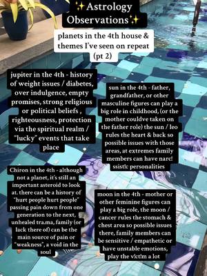 The cover image is a top-down view of a water feature with sunlight illuminating the scene. The water surface reflects the sky above, creating a shimmering effect. Several text boxes are placed throughout the image, each describing astrological themes related to the planets in the 4th house, as well as keywords for each planet's characteristics.