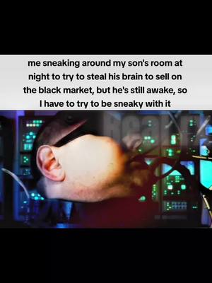 The image is a darkly lit, stylized screen capture. On the left, a profile of a person's face is visible, focusing on the ear and side profile. The face is in light skin tones and is partially obscured as if being attacked or immersed in the background. Across the entire screen is a white text overlay on a dark background. The background contains blue-green lit servers.