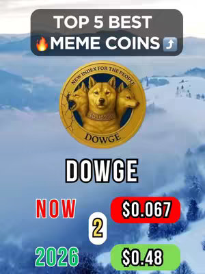 A promotional graphic for a video about top meme coins. The image is divided into several sections. On the top, a dark grey rectangular bar has the text 'TOP 5 BEST MEME COINS' in white with a flame icon. Below this, a gold coin with the image of three Shiba Inu dogs is showcased. The text 'DOWGE' is written in bold white. Below is the term 'NOW' with '$0.067' in a red rectangle, and '2026' with '$0.48' in a green rectangle. The backdrop is a winter landscape with snow and trees.