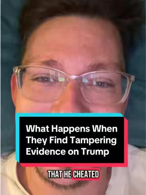 A close-up shot featuring a man wearing clear-framed glasses. He is looking directly at the camera, with the upper half of his face filling most of the frame. The background is blurred. Overlayed onto the image are text boxes with phrases related to allegations involving the former President Trump.