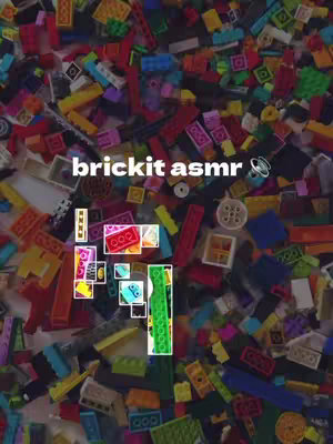 Close-up, top-down shot of a scattered pile of colorful Lego bricks, filling the frame. The Lego pieces are various sizes and shapes, ranging in hues, and form a vibrant, textured surface with the text "brickit asmr". Scattered around are highlighted boxes containing snippets of Lego pieces, presenting a visually interactive effect.