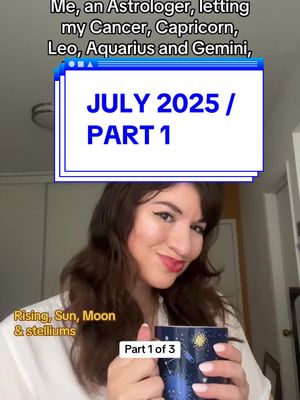 A woman with long brown hair and a white top is holding a mug that contains blue starry print. Above her head is a white rectangular box containing text overlayed on the image, while the creator is smiling towards the camera. The overall composition is simple, with the focus on the creator and the text overlay.