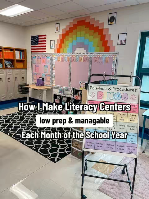 A classroom setting with a chalkboard wall and a rainbow design made of square tiles. A sign on wheels presents the title and procedures for bingo. Text overlays explain the process, and the video's hook explains the center's purpose.