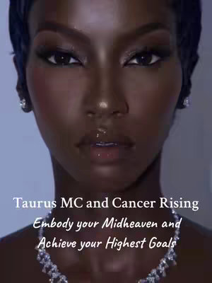 The image is a close-up portrait featuring a woman with dark skin. She faces the camera directly. Her face is adorned with expertly applied makeup, including dramatic eye makeup and glossy lips. She is wearing sparkling earrings and a necklace. The background is a gradient of muted purples with text overlayed.