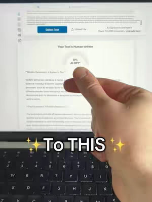 A person's hand is pointing towards the text 'To This' that is highlighted in yellow. The text is placed above a computer keyboard and screen showing the status of 'Your Text Is Human written' with the '0% AI GPT'