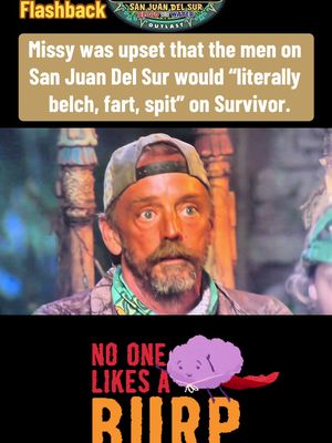 A cover image for a video about Survivor. It features a screen capture of Keith Nale from the show. The image is divided into sections: the top includes the show logo "San Juan Del Sur," a headline about a "Flashback." The center portion has the person’s face with an expression of concern, likely reacting to something he has heard. There is also additional text overlayed above the person. At the image's bottom sits a comical, animated illustration of a burp with text overlaid.