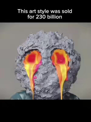 The cover image features a sculpted head with large eye sockets from which colorful streams resembling paint or tears are flowing. The head appears to be made of a rough, gray material, possibly clay or stone. The eyes are filled with a blend of red, orange, and yellow, and the streams of color are a vibrant mix of these hues, also with a touch of pink, creating contrast. At the top, a tagline, 'This art style was sold for 230 billion,' is written in a simple white font against a black background. The overall composition appears to be aimed at highlighting the artistic value of the sculpture, suggesting a humorous or ironic link to the creator's handmade blankets.