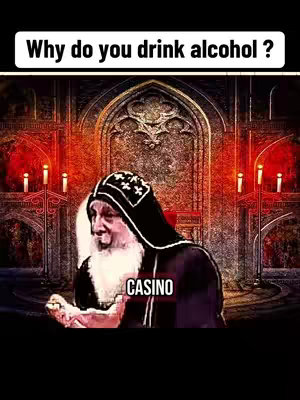 The image features an older man dressed in a dark robe with a hood, styled in an architectural setting, resembling a church interior. Above, there is a text overlay that says 'Why do you drink alcohol?' while a 'Casino' is overlayed in the lower middle part of the image.