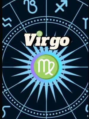 The cover image features a dark blue background with a celestial design. Centered is a layered graphic: a light blue circle, a green circle with the Virgo symbol, and the word "Virgo" in bold, white text with a black outline. The overall composition is symmetrical and astrological in theme.