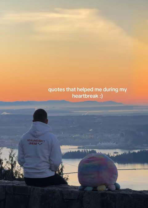A man sits on a stone ledge, facing away from the camera, overlooking a cityscape and water at sunset. The person wears a white hoodie with text on the back. Beside him, a large, colorful plush toy rests. In the sky above, text overlays read "quotes that helped me during my heartbreak :)". Colors are warm oranges and blues.