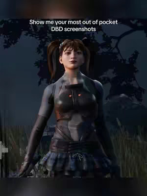 A vertical image featuring a female character from the game Dead by Daylight standing in a dark, outdoor setting. The character has fair skin, brown hair in pigtails, and a futuristic outfit. Text overlayed at the top reads, 'Show me your most out of pocket DBD screenshots'. The overall tone is likely related to gameplay or community content from the game.