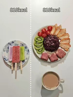 A split image showcasing two plates of food. On the left is a plate with three ice pops, and on the right is a plate with a variety of healthy foods, including fruits, vegetables, and protein. The top of the image has the text "810kcal" over each plate, indicating the caloric content. Below the plate on the right is a cup of coffee.