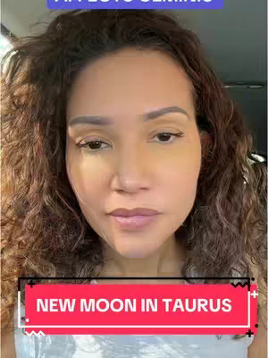 A woman with curly brown hair looks directly at the camera. She has a neutral expression with light makeup. Text overlays in red and blue provide context for the astrological topic of the video.