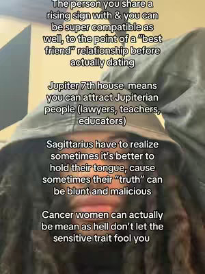 A selfie-style shot featuring a person wearing a hooded sweatshirt, the focus is on the upper body and face. Overlaid on top of the figure are lines of white text. The overall composition is simple, highlighting the text's content about astrology.