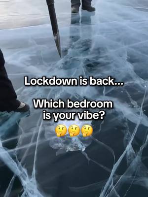 The image is a vertical shot taken from a low angle, depicting a vast, icy surface with intricate patterns and cracks. The surface appears frozen, reflecting the surroundings. There are shadowy figures of people in the distance. A large metallic tool is inserted into the surface. Text overlays are present at the bottom of the image, asking questions about the interior design.