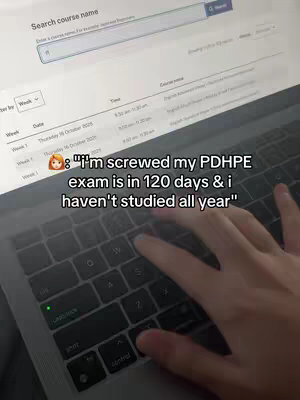 A laptop screen is shown, with a search bar at the top. Below, a list of items is visible. In the foreground, there is a cropped image of a hand typing on the laptop keyboard. Text overlayed at the bottom indicates a stressful exam situation.