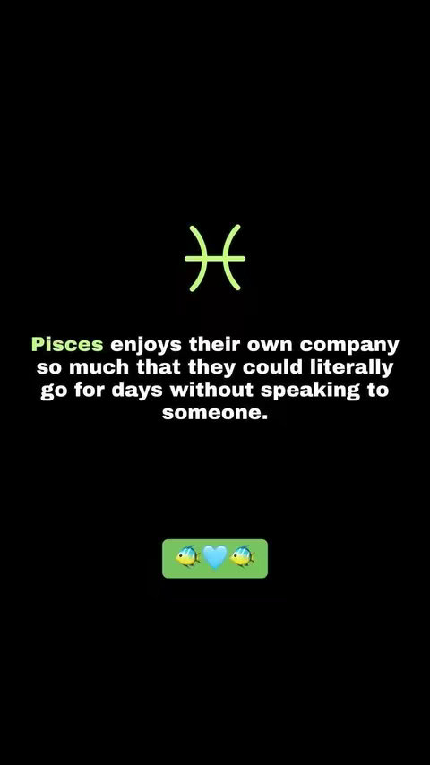 The image is a vertical graphic with a black background. At the top is a neon-green Pisces glyph, and below it is text in a similar green color. The text explains a Pisces personality trait. At the bottom, a green rectangle with two fish emojis and a blue heart emoji is centered.