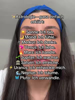 The cover image showcases a woman with long dark hair and a blue headband looking directly at the camera. Text overlays are added to the image describing astrological information.