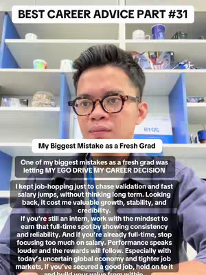 A man with glasses is centered, looking directly at the camera with a neutral expression. Text overlays are present, including a headline at the top and a block of text below, related to career advice. The background is a blurred setting with objects on shelves, suggesting a professional environment.