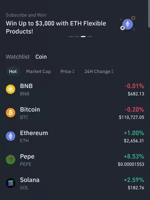 The image displays a mobile app interface showing cryptocurrency data. A dark background contrasts with the white and gold elements of the interface. Information on various cryptocurrencies, including BNB, Bitcoin, Ethereum, Pepe, and Solana, is displayed, showing their price, change and relevant stats.