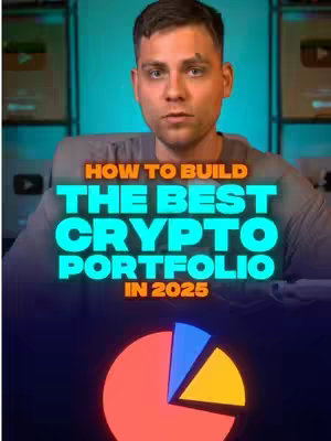 A man with short brown hair and a gray shirt is centered in the frame, looking directly at the viewer. Behind him, the blurred background includes rectangular elements and a teal hue suggesting an office or studio setting. Overlayed on the image are large, bold teal and white text elements explaining “HOW TO BUILD THE BEST CRYPTO PORTFOLIO IN 2025” along with a pie chart element at the bottom.