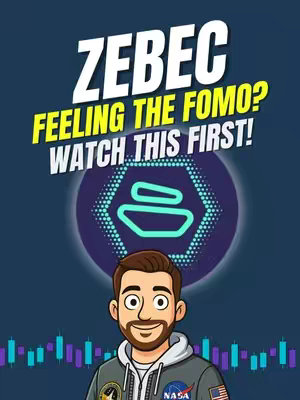 The cover image features a cartoon illustration. The foreground shows a man, drawn in a colorful, simple style, smiling with a beard, wearing a grey Nasa hoodie. Above him, the the phrase  'ZEBEC' in a bold, white, all-caps font, and 'FEELING THE FOMO? WATCH THIS FIRST!' in a yellow font over a dark blue background. A stylized, green and blue image of the Zebec Network's logo (a hexagon with an inner design resembling a stylized tank). The background gradient fades from dark blue to a slightly lighter blue, with the faint depiction of candlestick analysis charts.
