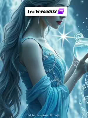 A digital artwork features a woman in a flowing blue dress, resembling a mythological figure, holding a vessel that pours water. Blue and white hues dominate the scene, with a blurred background suggesting a waterfall or mystical setting, and the hook includes overlaid text on the image.