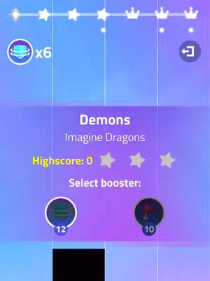 The image is a screen capture from the Magic Tiles 3 game displaying the song selection screen for "Demons" by Imagine Dragons. The background features a gradient of blues and purples, and there are game-related elements such as musical notes, stars, and game icons present. Text overlaid indicates the song title, artist, and high score information, all within a game UI.