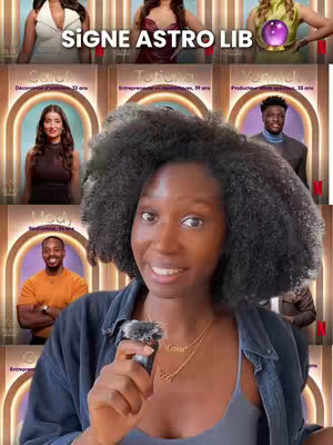 The cover image features a woman with dark skin and curly hair in the foreground, holding a microphone and smiling. Behind her is a collage of images from the show "Love is Blind France", featuring various contestants in individual frames with their names and professions displayed. The overall color scheme is warm, with beige and brown tones dominating the background images. The woman in the foreground is wearing a blue shirt and gold necklaces.