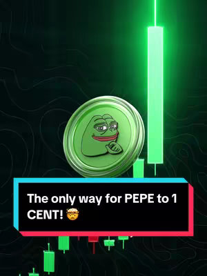The cover image presents a stylized graphic with a dark, textured background reminiscent of a night sky dotted with abstract swirls. Overlaid on this are a three-dimensional, metallic green coin featuring the Pepe the Frog meme, and a bright green vertical bar suggesting a financial graph's uptrend. Below, a black rectangle edged in red contains white text, with a yellow emoji. The image leans heavily on green and black, with red accents, creating a striking visual contrast.