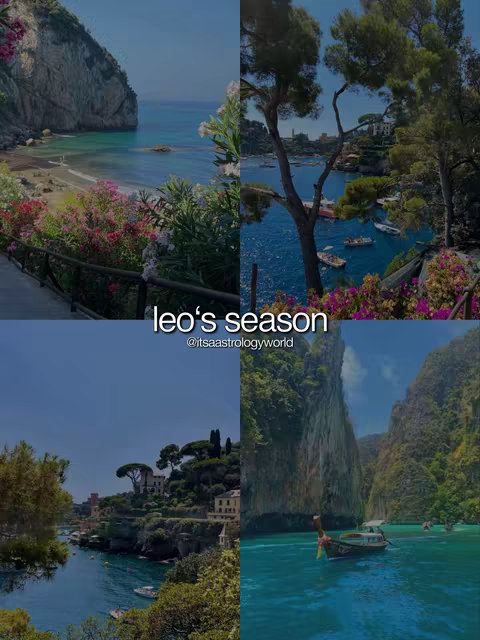 A four-part image is composed of scenic views divided into quadrants. The top-left displays a beach with a cove framed by cliffs and flowering vegetation. The top-right shows a blue bay with boats and trees lining the shore. The bottom-left reveals a coastal village with buildings along the water. The bottom-right features a turquoise sea with a boat and rock formations.