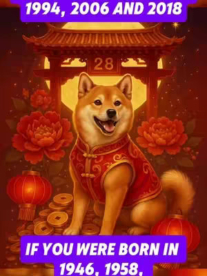 An illustrated image featuring a Shiba Inu dog dressed in a decorative red outfit, set against a backdrop of a traditional Chinese gate and floral decorations. The dog is the central focus, with text overlays providing context.