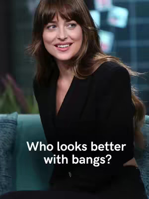 The cover image portrays a medium shot of a woman with brown hair and bangs. She is wearing a black blazer and smiling slightly. The background appears blurred but includes hints of a teal couch. In the foreground, there is an overlaid text "Who looks better with bangs?" in white font.
