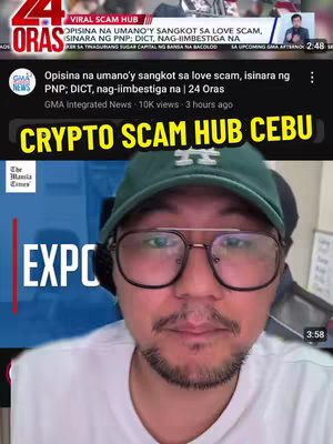 The cover image is a selfie-style shot. In the foreground is a man wearing eyeglasses, a green cap, and a white shirt. Behind him is a screen showing news footage and overlaying graphics of the "GMA News" logo and a headline about a love scam.