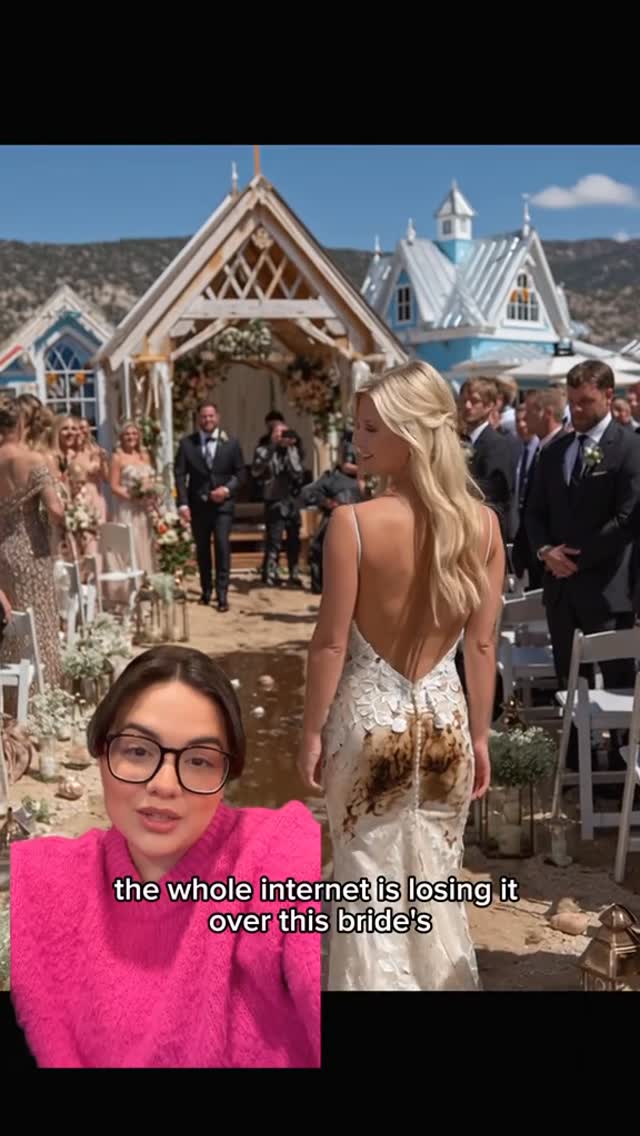 The cover image is a split-screen view. On the left is a woman wearing a pink sweater in a selfie view, looking directly at the camera with a neutral expression. On the right, the focus is on a wedding scene: a bride in a white wedding dress with a low back is seen from the back, with a large stain across the dress. The background features an outdoor wedding setting with guests and a small gazebo. The scene is shot in bright, natural light.