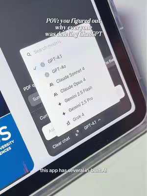 The image shows an angled view of a tablet screen displaying a list of AI models, with overlaid text at the top and bottom. The screen focuses on a search bar and a menu with options like GPT-4.1 and Claude Sonnet 4. The overall composition of the image is centered, with a close-up shot highlighting the digital interface and the surrounding environment. The lighting is bright and natural, focusing directly on the central interface of the tablet and app.