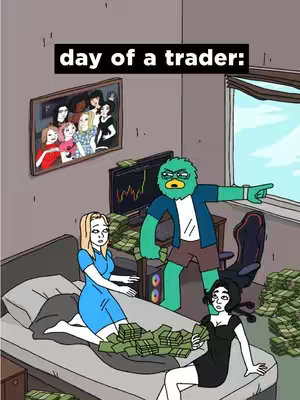 A cartoon image depicting the chaotic 'day of a trader.' It shows a room with cash strewn about. A cartoon duck-like figure, possibly the trader, points with a gesture toward what may be money outside the window while two women on a bed look concerned, cash piles are covering the bed and floor, with piles of money in the background. A framed picture of a group of women hangs on the wall.