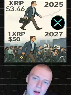 The image is a split design with cryptocurrency themes. It features a cartoon of a man walking with a briefcase with 'X' on it as a sign representing 1XRP and other text. The background scene changes from a sunny environment to a crowd. The bottom shows the creator in a selfie.