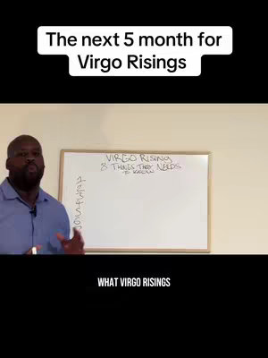 A man is standing in a room, with a whiteboard in the background. Text overlays indicate the video topic is astrological advice for Virgo risings.