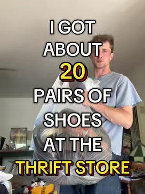 A man in a light-blue t-shirt is holding a large, translucent bag filled with a large quantity of shoes, standing in front of a neutral-colored wall. Text overlays describe what is happening in the image. The layout of the image presents the creator as the central figure.